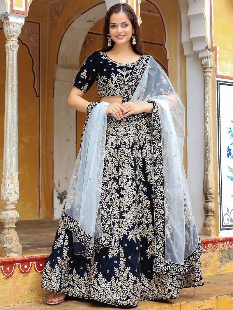 Shocking Navy Blue Embroidered Velvet Function Wear Lehenga Choli