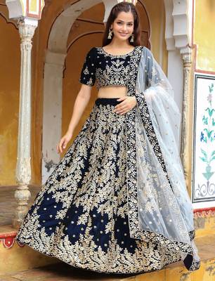 Shocking Navy Blue Embroidered Velvet Function Wear Lehenga Choli 2