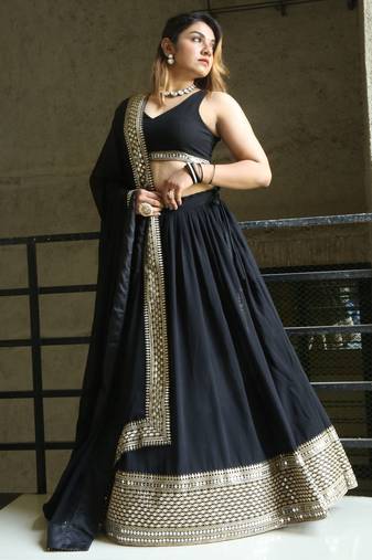 Pretty Black Heavy Lace Work Georgette Reception Wear Lehenga Choli