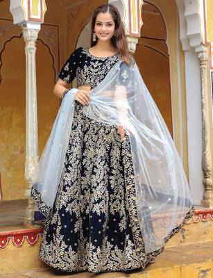 Shocking Navy Blue Embroidered Velvet Function Wear Lehenga Choli 3