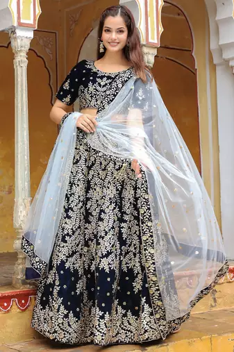 Shocking Navy Blue Embroidered Velvet Function Wear Lehenga Choli