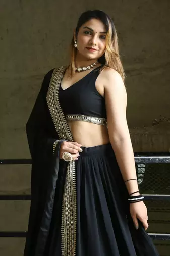 Pretty Black Heavy Lace Work Georgette Reception Wear Lehenga Choli