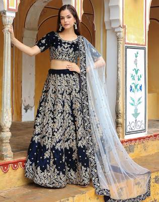 Shocking Navy Blue Embroidered Velvet Function Wear Lehenga Choli 4
