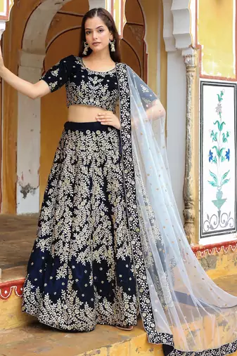 Shocking Navy Blue Embroidered Velvet Function Wear Lehenga Choli