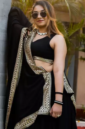 Pretty Black Heavy Lace Work Georgette Reception Wear Lehenga Choli