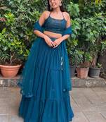 Sweet Teal Blue Georgette Party Wear Lehenga Choli With Dupatta