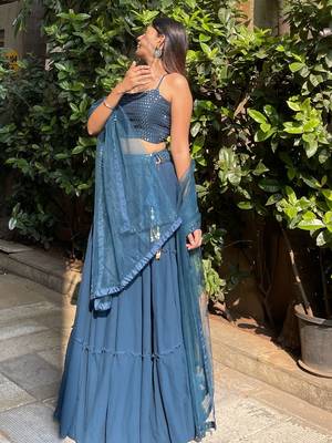 Sweet Teal Blue Georgette Party Wear Lehenga Choli With Dupatta 4