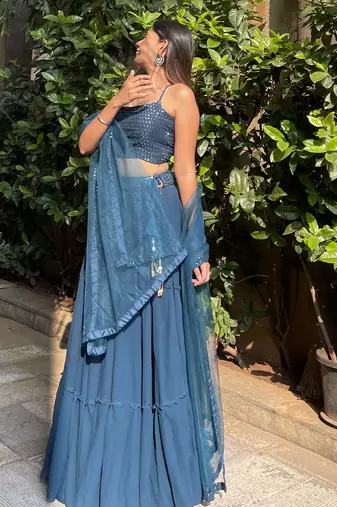 Sweet Teal Blue Georgette Party Wear Lehenga Choli With Dupatta