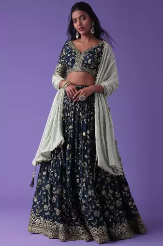 Pretty Blue Dori Work Georgette Wedding Lehenga Choli With Dupatta