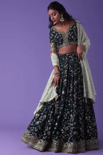 Pretty Blue Dori Work Georgette Wedding Lehenga Choli With Dupatta