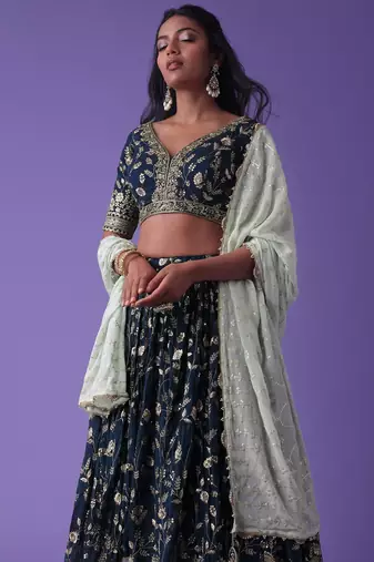 Pretty Blue Dori Work Georgette Wedding Lehenga Choli With Dupatta