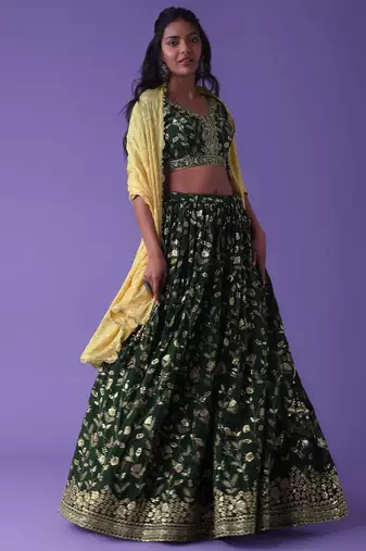 Lovely Green Zari Embroidered Georgette Mehendi Wear Lehenga Choli
