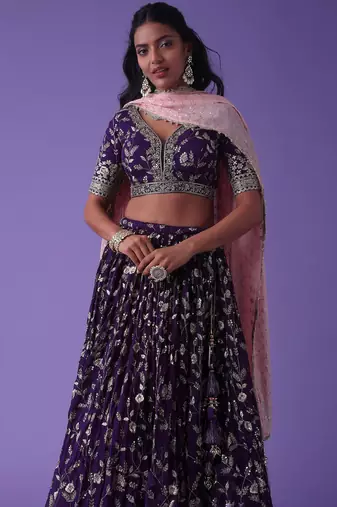 Precious Purple Zari Embroidered Georgette Lehenga Choli With Dupatta