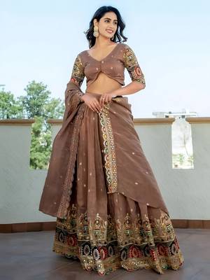 Stunning Beige Silk Sequins Party Wear Lehenga Choli With Dupatta 1