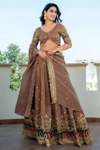 Stunning Beige Silk Sequins Party Wear Lehenga Choli With Dupatta