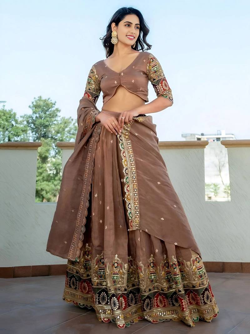 Stunning Beige Silk Sequins Party Wear Lehenga Choli With Dupatta