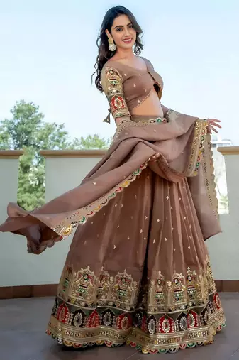 Stunning Beige Silk Sequins Party Wear Lehenga Choli With Dupatta