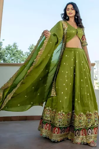 Dazzling Green Thread Embroidered Silk Mehendi Wear Lehenga Choli