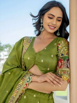 Dazzling Green Thread Embroidered Silk Mehendi Wear Lehenga Choli 4