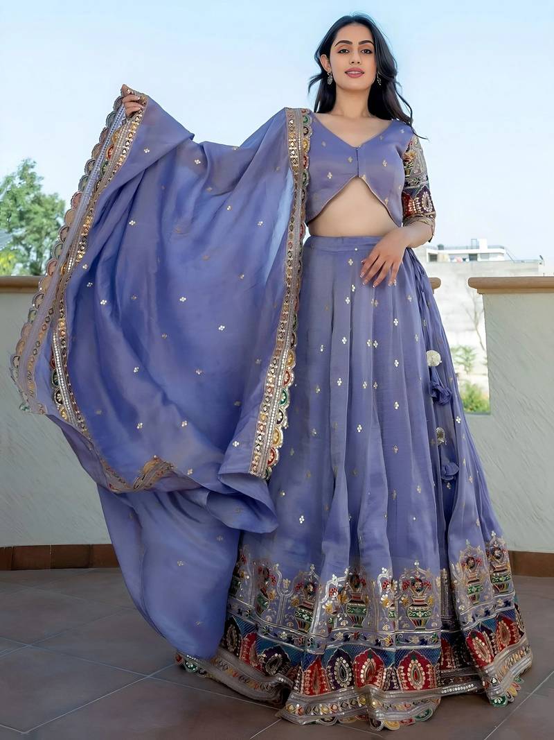 Beautiful Lavender Silk Sequins Embroidered Lehenga Choli With Dupatta