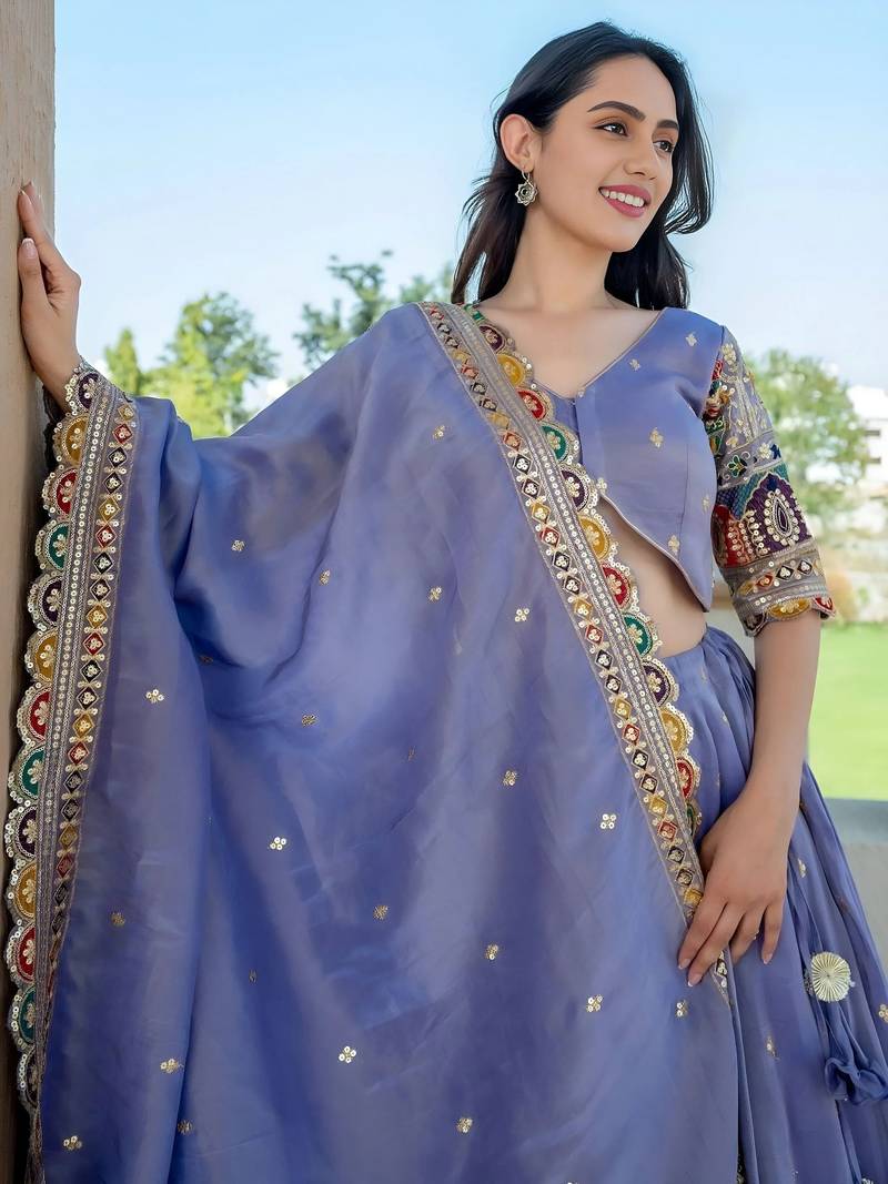 Beautiful Lavender Silk Sequins Embroidered Lehenga Choli With Dupatta