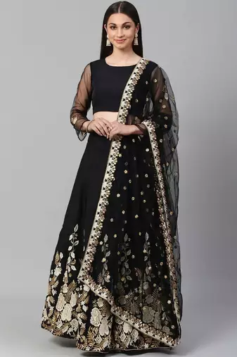 Black & White Solid Semi-Stitched Lehenga & Unstitched Blouse with Dupatta