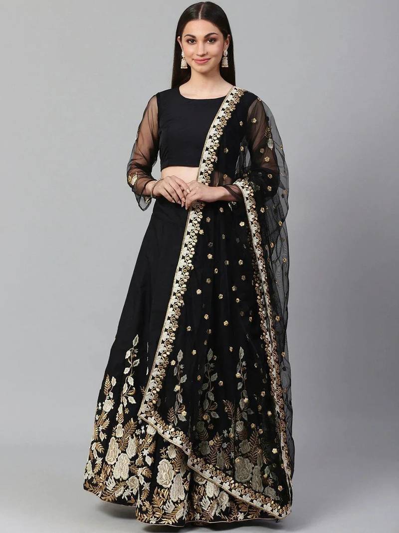 Black & White Solid Semi-Stitched Lehenga & Unstitched Blouse with Dupatta