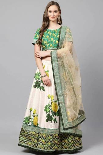 Cream-Coloured & Beige Embroidered Semi-Stitched Lehenga & Unstitched Blouse with Dupatta