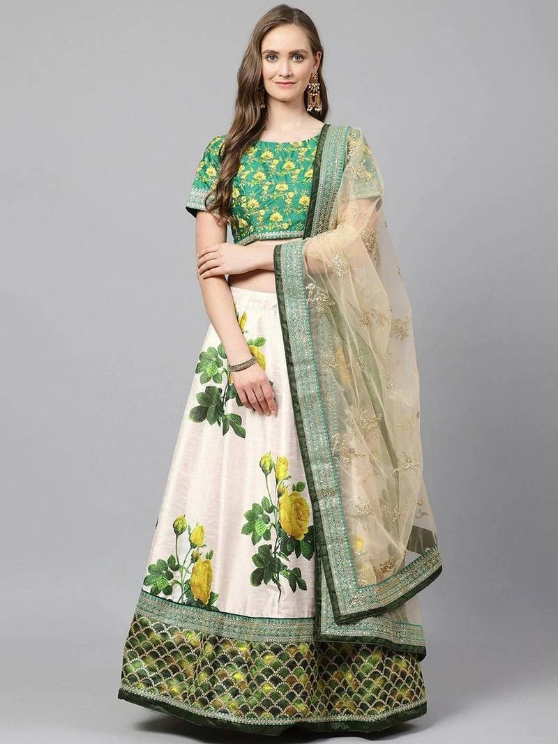 Cream-Coloured & Beige Embroidered Semi-Stitched Lehenga & Unstitched Blouse with Dupatta