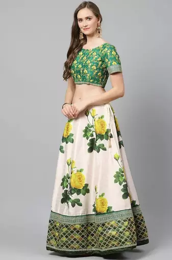 Cream-Coloured & Beige Embroidered Semi-Stitched Lehenga & Unstitched Blouse with Dupatta