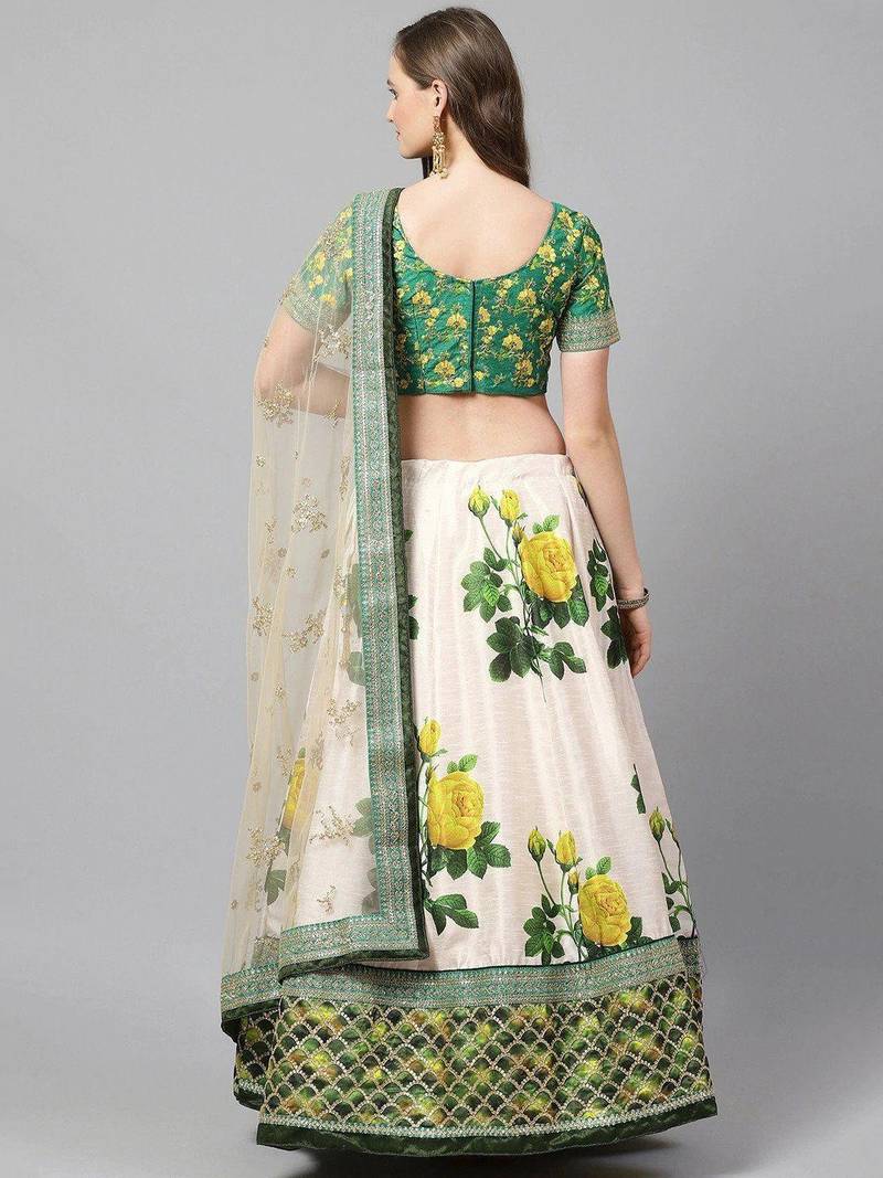 Cream-Coloured & Beige Embroidered Semi-Stitched Lehenga & Unstitched Blouse with Dupatta