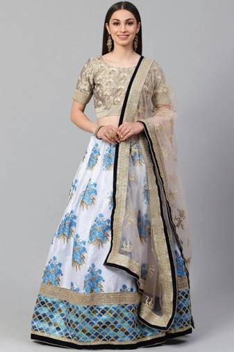 White & Taupe Embroidered Semi-Stitched Lehenga & Unstitched Blouse with Dupatta