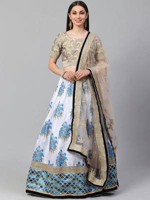 White & Taupe Embroidered Semi-Stitched Lehenga & Unstitched Blouse with Dupatta 1