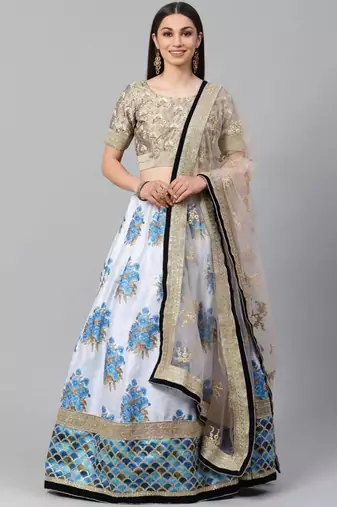 White & Taupe Embroidered Semi-Stitched Lehenga & Unstitched Blouse with Dupatta