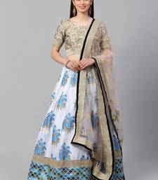 White & Taupe Embroidered Semi-Stitched Lehenga & Unstitched Blouse with Dupatta