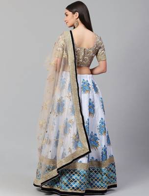 White & Taupe Embroidered Semi-Stitched Lehenga & Unstitched Blouse with Dupatta 2