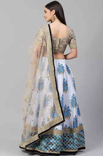 White & Taupe Embroidered Semi-Stitched Lehenga & Unstitched Blouse with Dupatta