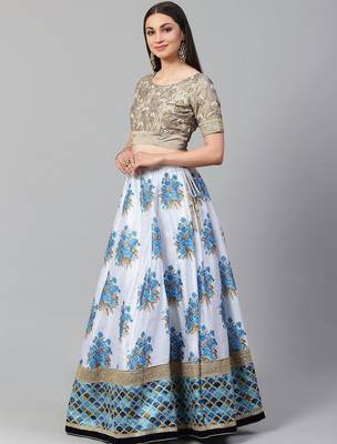 White & Taupe Embroidered Semi-Stitched Lehenga & Unstitched Blouse with Dupatta 3