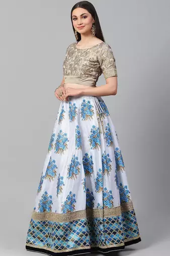 White & Taupe Embroidered Semi-Stitched Lehenga & Unstitched Blouse with Dupatta