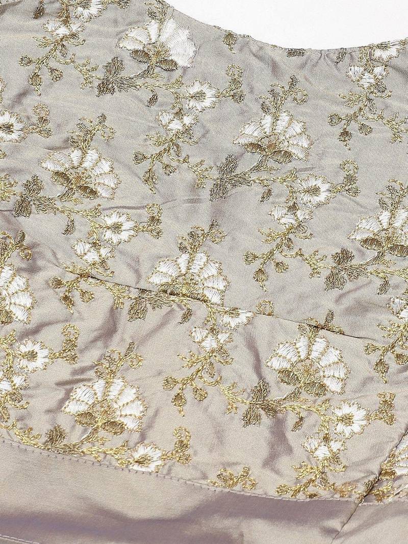 White & Taupe Embroidered Semi-Stitched Lehenga & Unstitched Blouse with Dupatta