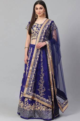 Blue & Gold-Toned Embroidered Semi-Stitched Lehenga & Unstitched Blouse with Dupatta