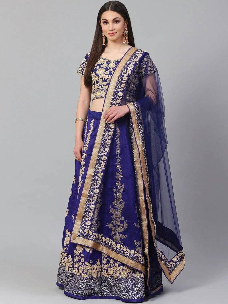 Blue & Gold-Toned Embroidered Semi-Stitched Lehenga & Unstitched Blouse with Dupatta