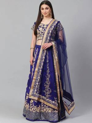 Blue & Gold-Toned Embroidered Semi-Stitched Lehenga & Unstitched Blouse with Dupatta 1