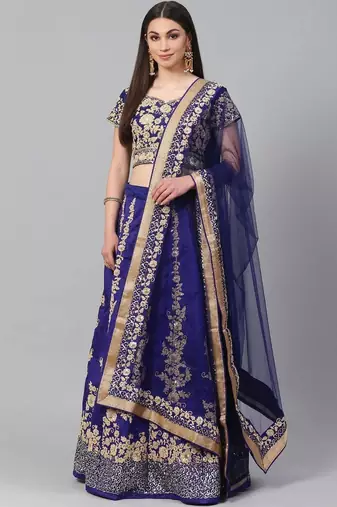 Blue & Gold-Toned Embroidered Semi-Stitched Lehenga & Unstitched Blouse with Dupatta