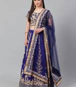 Blue & Gold-Toned Embroidered Semi-Stitched Lehenga & Unstitched Blouse with Dupatta