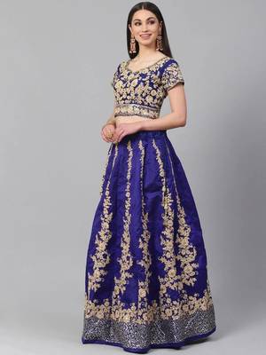 Blue & Gold-Toned Embroidered Semi-Stitched Lehenga & Unstitched Blouse with Dupatta 2