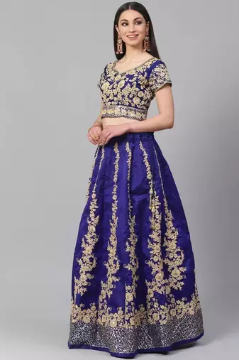 Blue & Gold-Toned Embroidered Semi-Stitched Lehenga & Unstitched Blouse with Dupatta