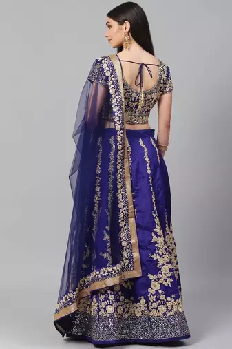 Blue & Gold-Toned Embroidered Semi-Stitched Lehenga & Unstitched Blouse with Dupatta