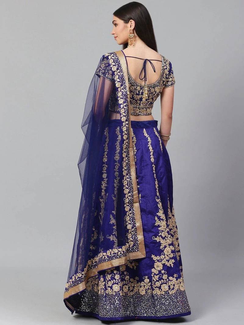 Blue & Gold-Toned Embroidered Semi-Stitched Lehenga & Unstitched Blouse with Dupatta