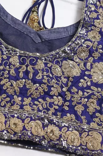 Blue & Gold-Toned Embroidered Semi-Stitched Lehenga & Unstitched Blouse with Dupatta